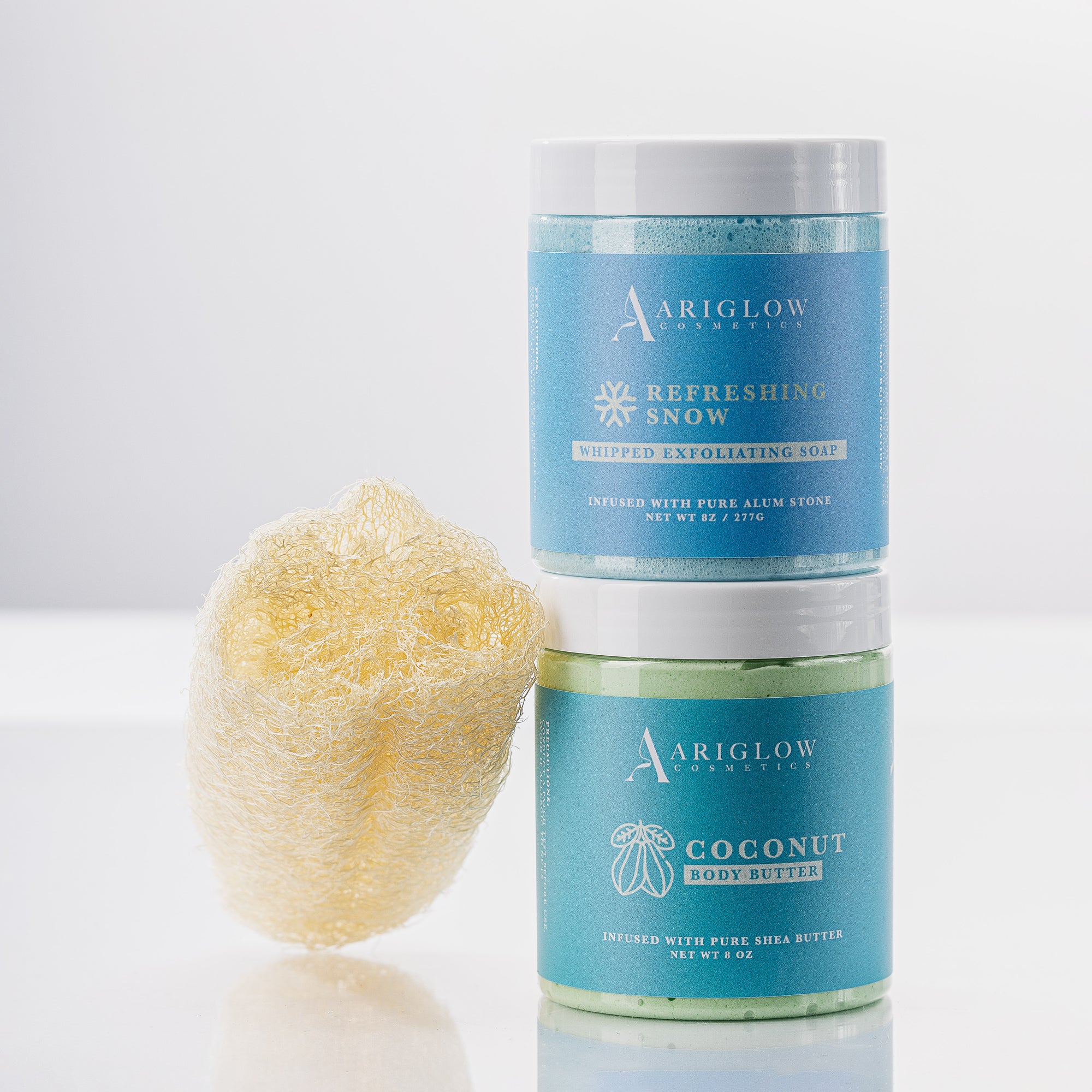 Skincare Power Combo: Exfoliating Scrub, Shea Butter, and Natural Loofah