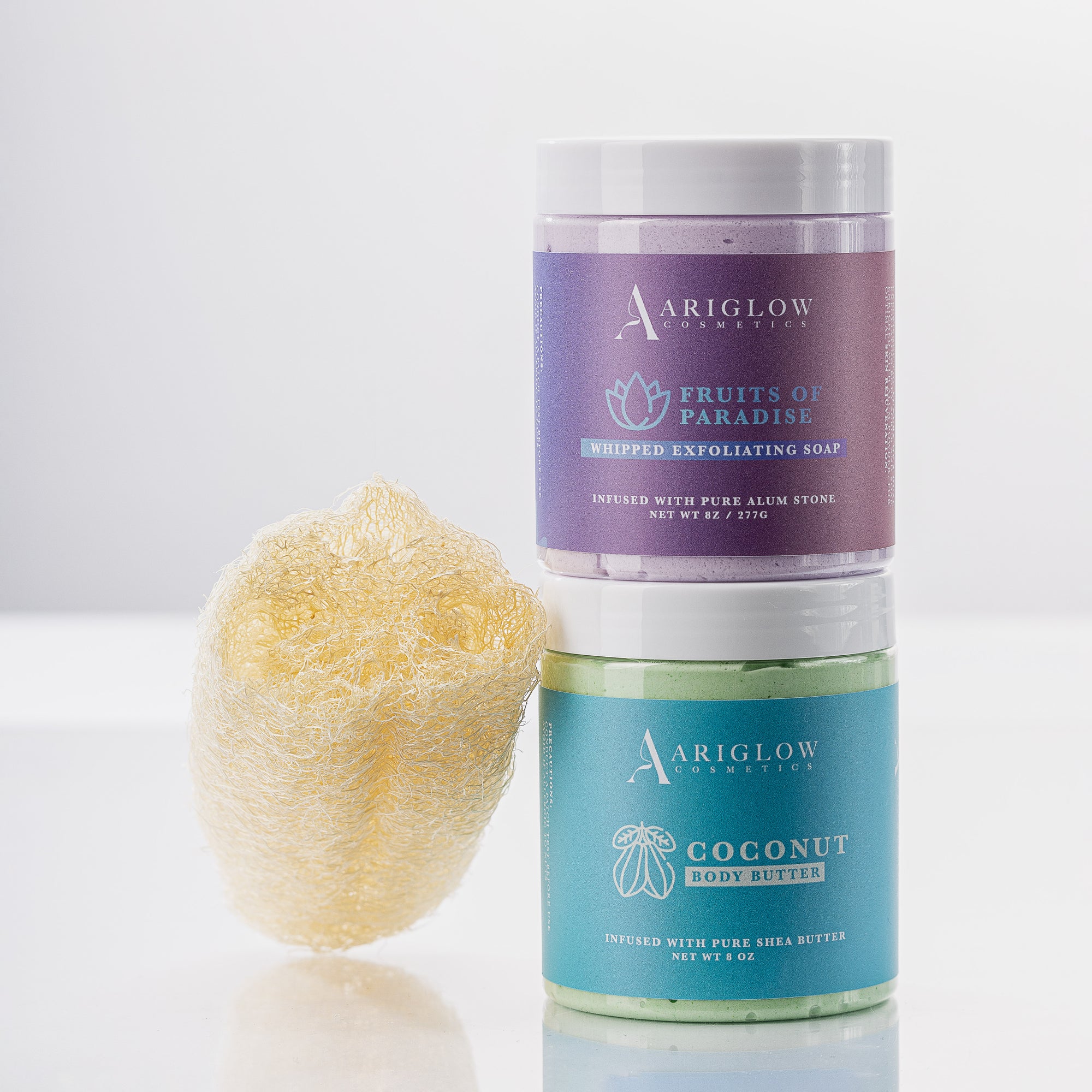 Skincare Power Combo: Exfoliating Scrub, Shea Butter, and Natural Loofah