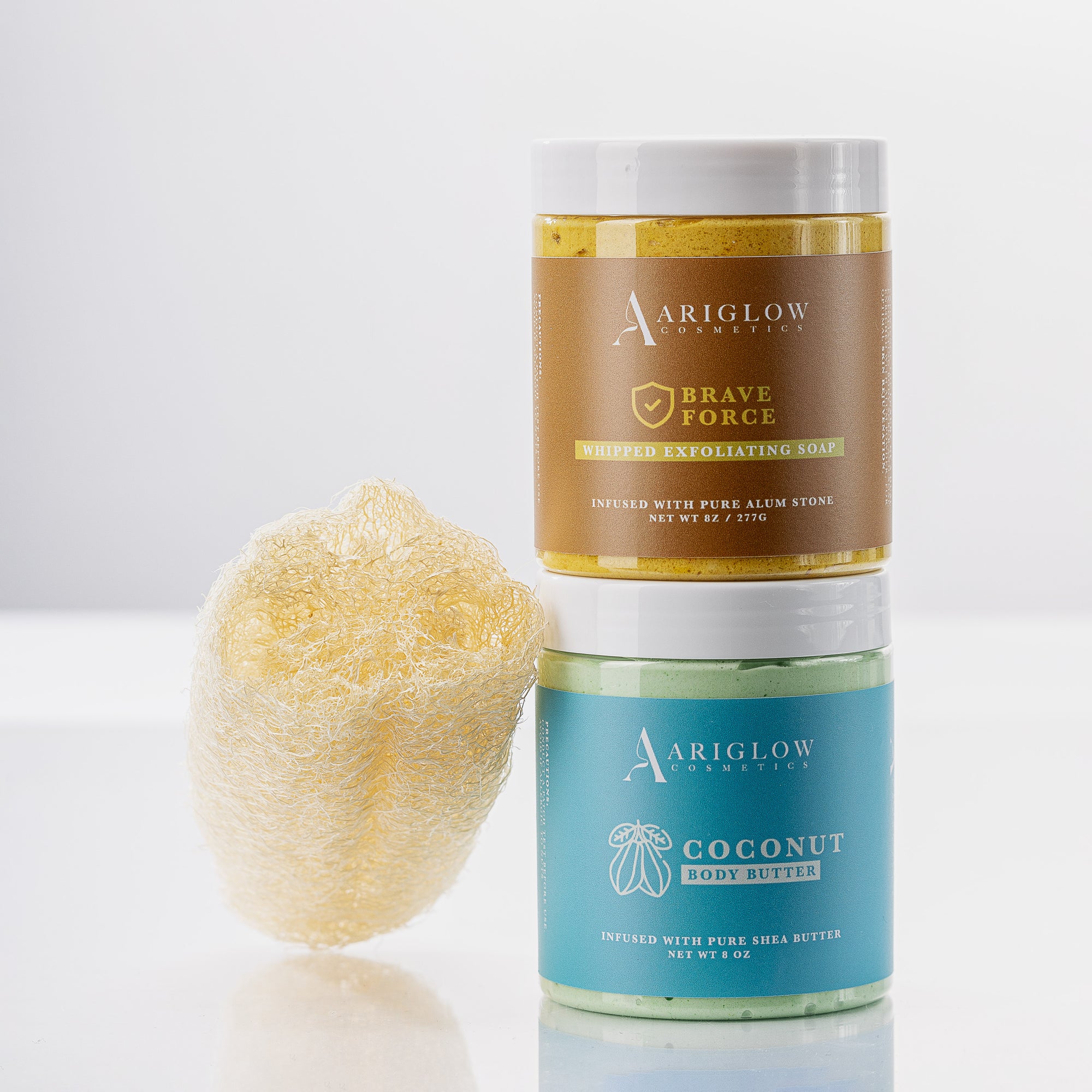 Skincare Power Combo: Exfoliating Scrub, Shea Butter, and Natural Loofah